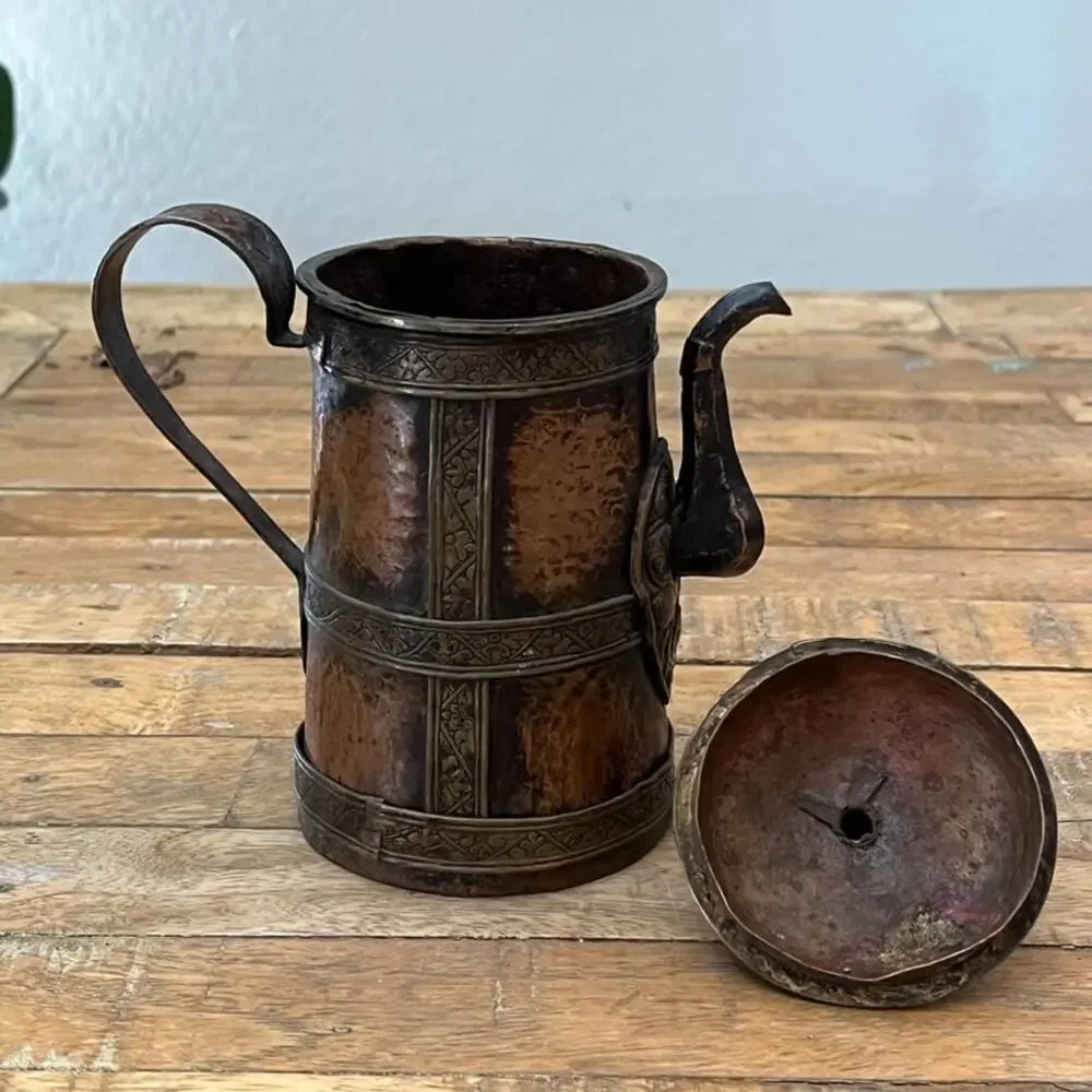 Antique Copper Brass Pitcher 7.5 in Ornate Detailed Embossing w/ Lid